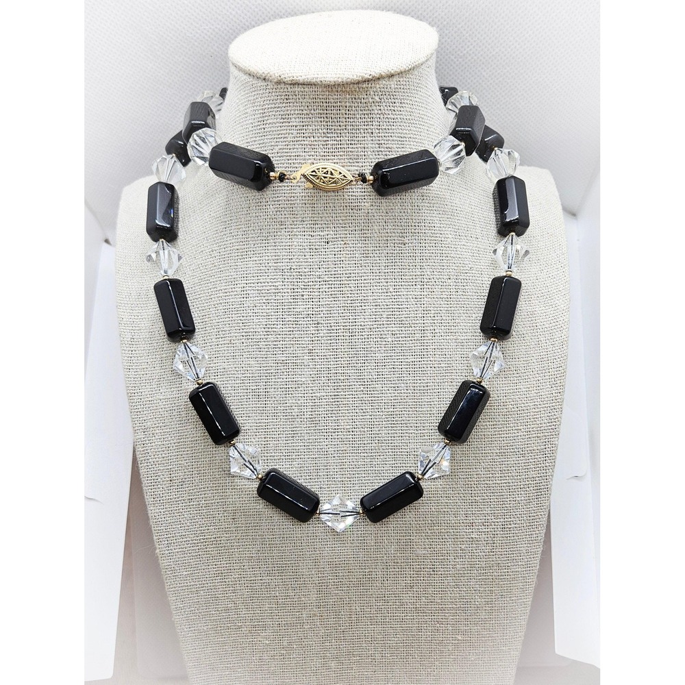 Vintage Black Quartz Glass Bicone Bead 14/20 Gold Filled Box Clasp Necklace 24.5